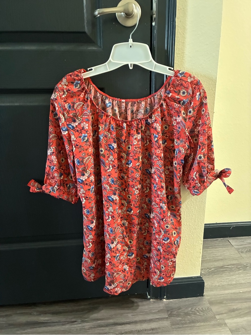 Women’s Red Floral Peasant Top with Tie Sleeves